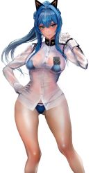 Rule 34 | 1girl, absurdres, bikini, bikini under clothes, blue bikini, blue eyes, blue hair, blush, braid, breasts, cleavage, closed mouth, gluteal fold, goddess of victory: nikke, hair intakes, headgear, helm (aqua marine) (nikke), helm (nikke), highres, kyel hyde, large breasts, long hair, official alternate costume, ponytail, see-through, see-through shirt, shirt, smile, solo, standing, swimsuit, thigh gap, wet, wet clothes, wet shirt, white shirt
