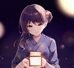 Rule 34 | 1girl, alternate costume, brown eyes, gina (gnosia), gnosia, hair between eyes, hair bun, heterochromia, japanese clothes, kimono, long sleeves, looking at viewer, medium hair, night, night sky, purple hair, rocomani, sky, smile, solo, upper body, yukata