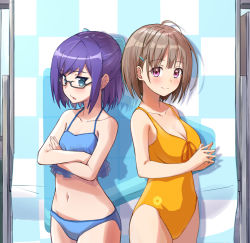 Rule 34 | 2girls, a-chan (hololive), ahoge, alternate costume, bikini, black-framed eyewear, blue bikini, blue bow, blue eyes, blush, bow, breasts, brown hair, checkered background, cleavage, closed mouth, commentary, cowboy shot, crossed arms, fingers together, frilled bikini, frills, glasses, hair bow, hair ornament, hairclip, half updo, harusaki nodoka, highres, hololive, kumagapaniti, looking at viewer, medium breasts, multiple girls, navel, one-piece swimsuit, open mouth, orange one-piece swimsuit, own hands together, purple eyes, purple hair, semi-rimless eyewear, shadow, short hair, small breasts, smile, standing, steepled fingers, stomach, swimsuit, virtual youtuber