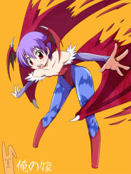 Rule 34 | 1girl, :o, animal print, bare shoulders, bat print, blue pantyhose, boots, bridal gauntlets, capcom, demon girl, flat chest, full body, head wings, knee boots, leaning forward, leotard, lilith aensland, n (ruff), open mouth, orange background, outstretched arms, pantyhose, pokute, print pantyhose, purple hair, red eyes, short hair, solo, spread arms, vampire (game), wings