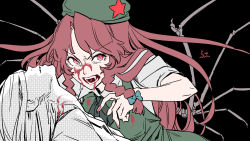 Rule 34 | 2girls, black background, blood, blood on clothes, blood on face, bow, braid, character request, commentary request, fangs, fingernails, green bow, green hat, hair bow, hat, highres, hong meiling, kawayabug, long fingernails, long hair, looking at viewer, multiple girls, nail polish, open mouth, parted lips, red eyes, red hair, sharp fingernails, short sleeves, simple background, slit pupils, star (symbol), touhou, twin braids