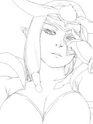 Rule 34 | 1girl, blue eyes, breasts, cleavage, fire emblem, fire emblem echoes: shadows of valentia, fire emblem gaiden, greyscale, horns, jewelry, long hair, mask, matsudo aya, monochrome, monochrome, nintendo, nuibaba, pointy ears, portrait, ring, sketch, solo, witch
