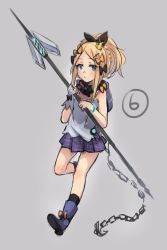 Rule 34 | 1girl, abigail williams (fate), azur lane, black bow, black ribbon, black socks, blonde hair, blue eyes, blue footwear, blush, boots, bow, braid, camisole, chain, closed mouth, commentary, cosplay, crown, english commentary, fate/grand order, fate (series), full body, glint, gloves, grey background, hair bow, hair ribbon, high ponytail, holding, holding weapon, javelin, javelin (azur lane), javelin (azur lane) (cosplay), long hair, looking at viewer, mini crown, miya (miyaruta), orange bow, parted bangs, pleated skirt, ponytail, purple skirt, ribbon, sidelocks, simple background, single glove, sketch, skirt, socks, solo, tilted headwear, two-handed, weapon, white camisole, white gloves