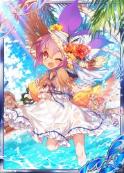 Rule 34 | 2girls, age of ishtaria, bare shoulders, blue sky, collaboration, dress, flower, flower hat, hat, heart, meru (age of ishtaria), multiple girls, munlu (wolupus), official art, one eye closed, open mouth, over water, pink hair, red eyes, ribbon, salix (age of ishtaria), sandals, shinkai no valkyrie, short hair, sky, straw hat, striped ribbon, summer, sundress, sunlight, unworn sandals, wading, white dress, white ribbon
