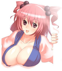 Rule 34 | 1girl, breasts, female focus, fourth wall, hair bobbles, hair ornament, large breasts, onozuka komachi, red eyes, red hair, short hair, solo, touhou, tro (trombe), twintails, two side up, upper body, white background