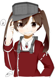 Rule 34 | 10s, 1girl, backpack, bad id, bad pixiv id, bag, blush, brown eyes, brown hair, grin, hat, kantai collection, katori (quietude), long hair, musical note, quaver, ryuujou (kancolle), smile, solo, speech bubble, spoken musical note, twintails, upper body
