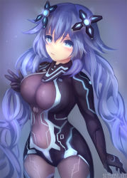 Rule 34 | 1girl, artist name, blue eyes, blush, bodysuit, breasts, closed mouth, commentary request, covered navel, cowboy shot, hair between eyes, headgear, large breasts, long hair, looking at viewer, neptune (neptunia), neptune (series), next form, next purple, power symbol, power symbol-shaped pupils, purple hair, purple heart (neptunia), skin tight, solo, suterisu, symbol-shaped pupils, very long hair