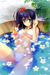 Rule 34 | 1girl, absurdres, bare shoulders, bikini, black hair, breasts, carnelian, cleavage, copyright request, drink, drinking straw, flower, green eyes, hair flower, hair ornament, tucking hair, hibiscus, highres, large breasts, leg up, light smile, long hair, looking at viewer, navel, partially submerged, reclining, scan, side-tie bikini bottom, side ponytail, solo, string bikini, swimsuit, underboob, water, white bikini