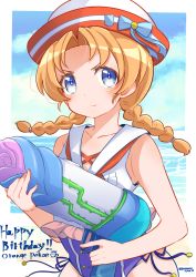 Rule 34 | 1girl, absurdres, beach, blue eyes, blue one-piece swimsuit, blue sky, bow, braid, character name, commentary, dated, day, dixie cup hat, english text, girls und panzer, girls und panzer senshadou daisakusen!, hair down, hair tie, happy birthday, hat, hat bow, highres, holding, horizon, looking at viewer, military hat, namatyoco, neckerchief, ocean, one-piece swimsuit, open mouth, orange hair, orange pekoe (girls und panzer), outdoors, parted bangs, red neckerchief, sailor collar, short hair, side-tie swimsuit, sky, smile, solo, standing, swimsuit, twin braids, twintails, twitter username, water gun, white hat, white sailor collar