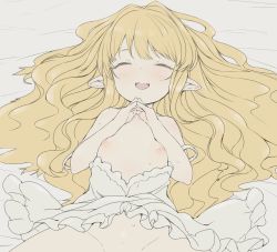 Rule 34 | 1girl, blonde hair, breasts, dress, closed eyes, fingers together, granblue fantasy, harvin, implied sex, kohaku q, long hair, melissabelle, nipples, off-shoulder dress, off shoulder, on bed, pointy ears, small breasts, smile, solo, very long hair, white dress