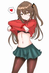 Rule 34 | 1girl, aqua skirt, black bra, black pantyhose, blush, bra, breasts, brown eyes, brown hair, closed mouth, clothes lift, girls&#039; frontline, heart, heart print, highres, long hair, navel, pantyhose, peroronti, red shirt, scar, scar across eye, scar on face, shirt, skirt, skirt lift, smile, solo, spoken heart, standing, stomach, turtleneck, twintails, ump45 (girls&#039; frontline), underwear, white background