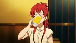 Rule 34 | 10s, 1girl, alcohol, animated, animated gif, beer, drinking, drunk, female focus, lowres, red hair, shirobako, solo