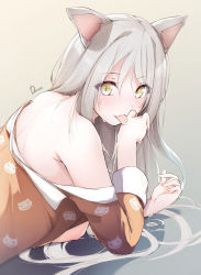 Rule 34 | 1girl, :p, alternate breast size, animal ears, bare shoulders, black hanekawa, blouse, breasts, breasts out, cat ears, commentary request, dermar, gradient background, grey background, grey hair, hair between eyes, hanekawa tsubasa, highres, long hair, looking at viewer, lying, medium breasts, monogatari (series), nipples, off shoulder, on back, open clothes, open shirt, orange pajamas, pajamas, revision, shirt, solo, tongue, tongue out, upper body