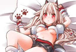 Rule 34 | 1girl, :o, animal ears, azur lane, bed, belly, belt, blush, bracelet, breasts, fingerless gloves, gloves, hair bobbles, hair ornament, jewelry, long hair, looking at viewer, lying, medium breasts, midriff, nail polish, navel, open mouth, paw print, pillow, pleated skirt, red eyes, shirt, skirt, stomach, stomach tattoo, tail, tattoo, thick eyebrows, underboob, very long hair, white hair, white shirt, wolf ears, yuudachi (azur lane)