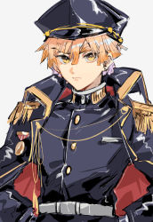 Rule 34 | 1boy, agatsuma zenitsu, belt, black coat, black hat, blonde hair, buttons, closed mouth, coat, collar, collared coat, collared jacket, grey background, hat, highres, jacket, jacket on shoulders, kimetsu no yaiba, long sleeves, looking at viewer, male focus, military, military hat, military uniform, open clothes, short hair, simple background, solo, susten, uniform, yellow eyes