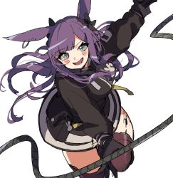 Rule 34 | 1girl, absurdres, animal ears, arknights, black bow, black jacket, black thighhighs, blush, bow, breasts, commentary, cowboy shot, hair bow, highres, jacket, leg up, long hair, looking at viewer, material growth, medium breasts, open mouth, oripathy lesion (arknights), purple hair, rabbit ears, rope, rope (arknights), simple background, solo, thighhighs, vegetable noda, white background