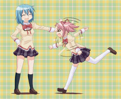 Rule 34 | &gt; &lt;, 10s, 2girls, bad id, bad pixiv id, blue hair, closed eyes, gonzaburou, hair ribbon, hand on forehead, height difference, kaname madoka, mahou shoujo madoka magica, miki sayaka, motion lines, multiple girls, pink hair, ribbon, school uniform, short hair, short twintails, size difference, thighhighs, twintails, zettai ryouiki