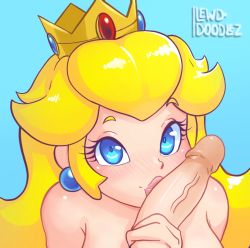 Rule 34 | 1boy, 1girl, armpit crease, artist name, blonde hair, blue background, blue eyes, crown, earrings, erection, eyelashes, highres, jewelry, kissing penis, lewddoodlez, light blush, lips, long hair, looking at viewer, mario (series), nintendo, nude, oral, penis, penis grab, pink lips, pov, princess peach, simple background, smile, solo focus, super mario bros. 1, thick eyebrows, uncensored, upper body, veins, veiny penis