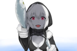 Rule 34 | 10s, 1girl, abyssal ship, bra, breasts, cleavage, comic, darkmaya, fang, fish, giving, hood, kantai collection, looking at viewer, nail polish, open mouth, pale skin, pink eyes, raincoat, re-class battleship, religious offering, scarf, shadow, sharp teeth, short hair, silent comic, simple background, smile, solo, teeth, underwear, white hair