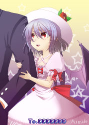 Rule 34 | 1boy, 1girl, alternate costume, alternate headwear, arm grab, arm hug, bad id, bat wings, bow, demon wings, dress, fingernails, flower, hat, hat flower, highres, holding another&#039;s arm, light purple hair, lips, looking at another, looking up, mimika (puetilun), open mouth, puetilun, purple hair, red eyes, remilia scarlet, short hair, smile, solo focus, standing, teeth, touhou, upper teeth only, wings