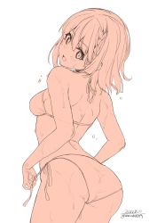Rule 34 | 1girl, ass, back, bare shoulders, bikini, blush, braid, breasts, halterneck, highres, looking at viewer, looking back, monochrome, open mouth, original, short hair, side-tie bikini bottom, simple background, sketch, small breasts, solo, standing, string bikini, swimsuit, unasaka ryou, white background