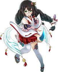 Rule 34 | 1girl, artist request, bare shoulders, black hair, braid, checkered clothes, checkered skirt, detached sleeves, full body, glasses, green eyes, hair ornament, hand on own chest, holding, holding sword, holding weapon, honjo (oshiro project), looking at viewer, nontraditional miko, official art, one eye closed, open mouth, oshiro project:re, oshiro project:re, pleated skirt, red skirt, skirt, solo, sword, thighhighs, transparent background, weapon, white thighhighs