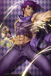 Rule 34 | 1boy, abs, bare shoulders, battle tendency, belt, brown hair, commentary, crop top, denim, fingerless gloves, gloves, gluteal fold, hand up, highres, jojo no kimyou na bouken, joseph joestar, joseph joestar (young), looking at viewer, male focus, midriff, mixed-language commentary, muscular, muscular male, navel, pants, purple eyes, purple scarf, scarf, short hair, sirenlin, sleeveless, smile, solo, tank top, thick thighs, thighs
