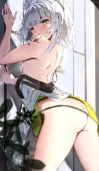 Rule 34 | 1girl, against wall, animal ear fluff, animal ears, arknights, ass, bare shoulders, blunt bangs, blush, breasts, cat ears, cowboy shot, from side, green eyes, grey hair, highres, kal&#039;tsit (arknights), kyuu (plastic night q), leaning forward, looking at viewer, looking to the side, material growth, no panties, off shoulder, open mouth, oripathy lesion (arknights), see-through, short hair, sideboob, small breasts, solo, sweat