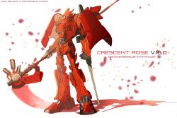 Rule 34 | armor, commentary, crescent rose, dishwasher1910, english commentary, full body, highres, mecha, mechanical, no humans, original, red armor, retro artstyle, robot, ruby rose, rwby, scythe, standing