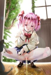 Rule 34 | 1girl, blush, brown footwear, censored, doku momo, doorway, heart, heart censor, highres, kaname madoka, kyubey, loafers, mahou shoujo madoka magica, open mouth, panties around leg, peeing, pink eyes, pink hair, plaid, plaid skirt, puddle, pussy, school uniform, shoes, skirt, squatting, thighhighs, twintails, white thighhighs