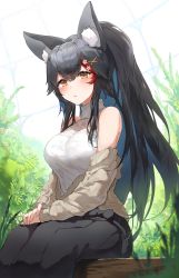 Rule 34 | 1girl, absurdres, animal ear fluff, animal ears, bare shoulders, beige cardigan, black hair, black skirt, blush, breasts, cardigan, casual, cleavage, clothing cutout, hair between eyes, hair ornament, hairclip, high ponytail, highres, hololive, kabedoru, large breasts, long hair, looking at viewer, multicolored hair, official alternate costume, ookami mio, ookami mio (street), parted lips, red hair, see-through, shirt, shoulder cutout, sidelocks, sitting, skirt, sleeveless, sleeveless shirt, solo, streaked hair, very long hair, virtual youtuber, white shirt, wolf ears, wolf girl, x hair ornament, yellow eyes