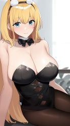 Rule 34 | 1girl, absurdres, azur lane, bare shoulders, black bow, black bowtie, black hairband, blonde hair, bow, bowtie, breasts, brown pantyhose, cleavage, closed mouth, hairband, highres, large breasts, leotard, long hair, looking at viewer, motono (sakamotono), north carolina (azur lane), north carolina (the heart&#039;s desire) (azur lane), official alternate costume, pantyhose, playboy bunny, sitting, smile, solo