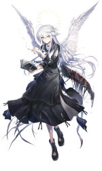 Rule 34 | 1girl, absurdres, ahoge, angel, angel wings, arm cutout, arm strap, bandaid, bandaid on arm, bandaid on hand, between fingers, bible (object), black dress, black nails, blood, bloody weapon, blue eyes, book, boots, cigarette, collared shirt, commentary, dress, feathered wings, full body, hair between eyes, halo, highres, holding, holding book, holding cigarette, holstered, long hair, long sleeves, morichika shuuto, nail polish, open book, original, shirt, simple background, smoke trail, solo, sword, weapon, white background, white hair, wings