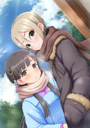 Rule 34 | 2girls, :3, :o, black eyes, blonde hair, blue jacket, blue sky, braid, breath, closed mouth, cloud, cloudy sky, coat, commentary request, day, dutch angle, fur trim, grey eyes, grey hair, grey jacket, hair ornament, hands in opposite sleeves, highres, idolmaster, idolmaster cinderella girls, jacket, kobayakawa sae, long sleeves, looking at viewer, multiple girls, negija, outdoors, parted lips, pink scarf, red scarf, scarf, shiomi syuko, short hair, sky, smile, tree, winter clothes, winter coat