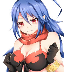 Rule 34 | 1girl, artist request, bikini, bikini top only, black gloves, blue hair, bracelet, breasts, cleavage, commentary request, disgaea, disgaea d2, genderswap, genderswap (mtf), gloves, hair between eyes, highres, jewelry, laharl-chan, large breasts, long hair, pointy ears, red eyes, scarf, simple background, solo, swimsuit, very long hair, white background