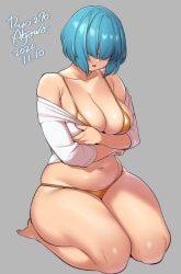 Rule 34 | 1girl, agawa ryou, arms under breasts, artist name, bare shoulders, bikini, blue hair, bob cut, breasts, cleavage, collarbone, commentary, dated, english commentary, full body, grey background, groin, hair over eyes, large breasts, micro bikini, navel, numbered, off shoulder, open mouth, original, plump, seiza, shirt, short hair, simple background, sitting, sleeves past elbows, solo, straight hair, swimsuit, thighs, white shirt, yellow bikini
