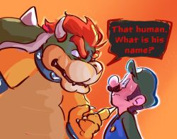 Rule 34 | 2boys, blue eyes, blue overalls, blush, bowser, brown hair, claws, collar, eye contact, facial hair, fang, fingernails, green headwear, green shirt, height difference, highres, horns, kairy draws, long sleeves, looking at another, looking up, luigi, mario (series), multiple boys, mustache, nintendo, orange background, overalls, pointing, pointing at another, red hair, sharp fingernails, sharp teeth, shirt, size difference, spiked collar, spiked shell, spikes, sweatdrop, teeth, the super mario bros. movie, thick eyebrows, threat