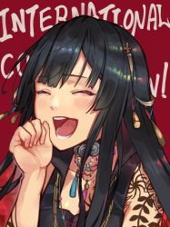 Rule 34 | 1girl, ^ ^, arm tattoo, black hair, choker, clenched hand, closed eyes, colored inner hair, hair ornament, henna, highres, laughing, long hair, multicolored hair, nijisanji, nijisanji in, noor (nijisanji), open mouth, red background, red hair, solo, sooon, tattoo, virtual youtuber