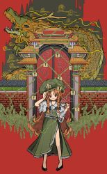 Rule 34 | 1girl, absurdres, bandaged arm, bandages, beret, blush, bow, braid, castle, china dress, chinese clothes, dragon, dress, eastern dragon, full body, gate, green dress, green shirt, hair bow, hand on headwear, hat, hat ornament, highres, hong meiling, long hair, looking at viewer, neruzou, orange hair, red background, red eyes, red hair, shirt, short sleeves, side slit, silhouette, smile, solo, standing, star (symbol), star hat ornament, touhou, twin braids, wall