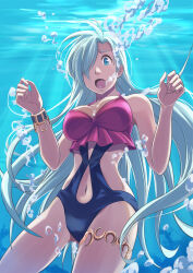 Rule 34 | 1girl, bare arms, blue eyes, bracelet, breasts, bubble, casual one-piece swimsuit, cleavage, commission, cowboy shot, elizabeth liones, floating hair, gluteal fold, hair over one eye, jewelry, long hair, medium breasts, midriff, nanatsu no taizai, navel, nikulas cage, one-piece swimsuit, open mouth, pixiv commission, solo, stomach, sunlight, swimsuit, thighlet, underwater, very long hair, white hair