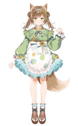 Rule 34 | 1girl, absurdres, animal ear fluff, animal ears, apron, brown eyes, brown footwear, brown hair, character request, closed mouth, commentary request, double bun, fox ears, fox girl, fox tail, frilled apron, frilled kimono, frills, full body, green kimono, hair bun, hand up, highres, japanese clothes, kimono, long sleeves, looking at viewer, myusha, obi, original, puffy long sleeves, puffy sleeves, sash, shoes, simple background, smile, socks, solo, standing, straight-on, striped clothes, striped kimono, tail, twintails, vertical-striped clothes, vertical-striped kimono, virtual youtuber, waist apron, white apron, white background, white socks