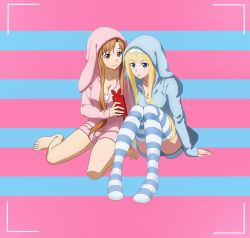 Rule 34 | alice zuberg, animal hood, asuna (sao), bare legs, barefoot, blue background, breasts, cellphone, cleavage, feet, full body, hood, no pants, phone, pink background, side-by-side, sitting, striped clothes, striped thighhighs, sword art online, sword art online: alicization, thighhighs