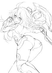 Rule 34 | 1girl, absurdres, ahoge, alternate breast size, ass, axe, bare shoulders, blanc (neptunia), breasts, brown hair, cameltoe, gene (gear gene), greyscale, grin, highres, huge ass, large breasts, looking at viewer, monochrome, neptune (series), sideboob, sketch, smile, solo, weapon, white heart (neptunia)