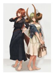 Rule 34 | 159cm, 2girls, animal ears, asymmetrical horns, bag, barefoot, black shirt, blue jacket, blue skirt, brown hair, closed mouth, contrapposto, curled horns, dress, glan (159cm), green hair, green nails, hand in pocket, highres, holding, holding bag, horns, huge horns, jacket, long hair, looking at viewer, multiple girls, nail polish, off shoulder, original, parted lips, red nails, shirt, skirt, smile, standing, tail, toenail polish, toenails, uneven horns, white dress, wine-chan (159cm)