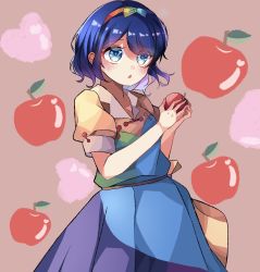 Rule 34 | 1girl, apple, bad id, bad twitter id, blue eyes, blue hair, collared dress, cropped, dress, food, fruit, hairband, highres, holding, meimei (meimei89008309), multicolored clothes, multicolored dress, multicolored hairband, open mouth, orange background, patchwork clothes, solo, tenkyuu chimata, touhou