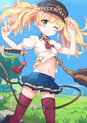 Rule 34 | 1girl, ascot, black hat, blonde hair, blue skirt, blue sky, branch, closed mouth, clothes lift, collared shirt, day, green eyes, hands up, hat, highres, lifting another&#039;s clothes, long hair, looking at viewer, midriff, miniskirt, monika weisswind, navel, one eye closed, outdoors, peaked cap, pleated skirt, princess connect!, rapier, red thighhighs, shirt, shirt lift, short sleeves, skirt, sky, solo, sparkle, strap, sunlight, sword, tassel, thighhighs, twintails, weapon, white shirt, xuan chu, zettai ryouiki
