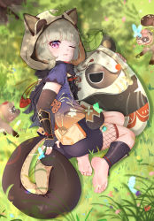 Rule 34 | 1girl, absurdres, all fours, animal ears, animal hood, ass, barefoot, bike shorts, black gloves, black scarf, black shorts, blunt bangs, blush, elbow gloves, fake animal ears, fake tail, feet, fingerless gloves, from above, from behind, genshin impact, gloves, grey hair, hana (zwjx8425), highres, hood, japanese clothes, kimono, leaf, leaf on head, legs, looking at viewer, looking back, looking up, low twintails, hugging object, one eye closed, open mouth, outdoors, pink eyes, purple kimono, raccoon ears, raccoon tail, sayu (genshin impact), scarf, short hair, short kimono, short shorts, short sleeves, short twintails, shorts, soles, solo, tail, thighs, toes, twintails