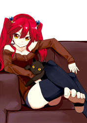 Rule 34 | 1girl, animal, animal on lap, baicha, bare shoulders, barefoot, black thighhighs, cat, cat on lap, collarbone, couch, feet, hair bobbles, hair ornament, long hair, long sleeves, on lap, original, red hair, shirt, short shorts, shorts, simple background, sitting, smile, solo, stirrup legwear, thighhighs, toeless legwear, toes, twintails, yellow eyes