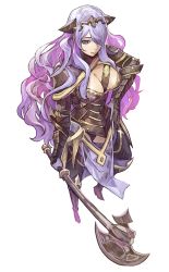 Rule 34 | 1girl, absurdres, armor, armored dress, axe, black armor, black capelet, black panties, blush, breasts, camilla (fire emblem), capelet, cleavage, fire emblem, fire emblem fates, from above, gloves, grey background, hair ornament, hair over one eye, hand on own hip, highres, holding, holding axe, holding weapon, large breasts, lips, long hair, looking at viewer, nintendo, one eye covered, panties, pelvic curtain, purple eyes, purple gloves, purple hair, sidelocks, simple background, smile, solo, standing, subakeye, tiara, underwear, very long hair, wavy hair, weapon