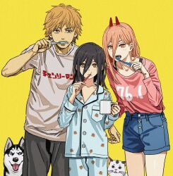 Rule 34 | 1boy, 2girls, :t, absurdres, black hair, blonde hair, blush, brushing teeth, casual, cat, chainsaw man, commentary, cross-shaped pupils, cup, demon horns, denim, denim shorts, denji (chainsaw man), dog, english commentary, expressionless, hair between eyes, highres, holding, holding cup, holding toothbrush, horns, long hair, long sleeves, looking at viewer, messy hair, mole, mole under eye, mug, multiple girls, nayuta (chainsaw man), pajamas, pink hair, pochita (chainsaw man), power (chainsaw man), red horns, ringed eyes, sharp teeth, shiren (ourboy83), shirt tucked in, short hair, shorts, simple background, symbol-shaped pupils, teeth, toothbrush, yellow background, yellow eyes